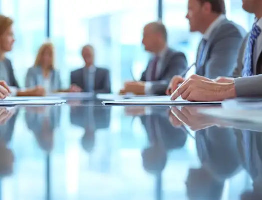 A meeting, with a report on a glass table