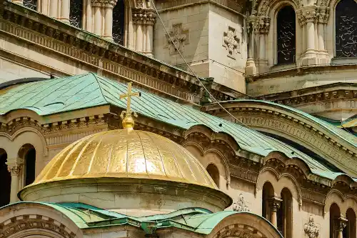 A cascade of copper-covered church roofs - Bulgarian translation