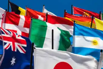 A large number of national flags representing various languages