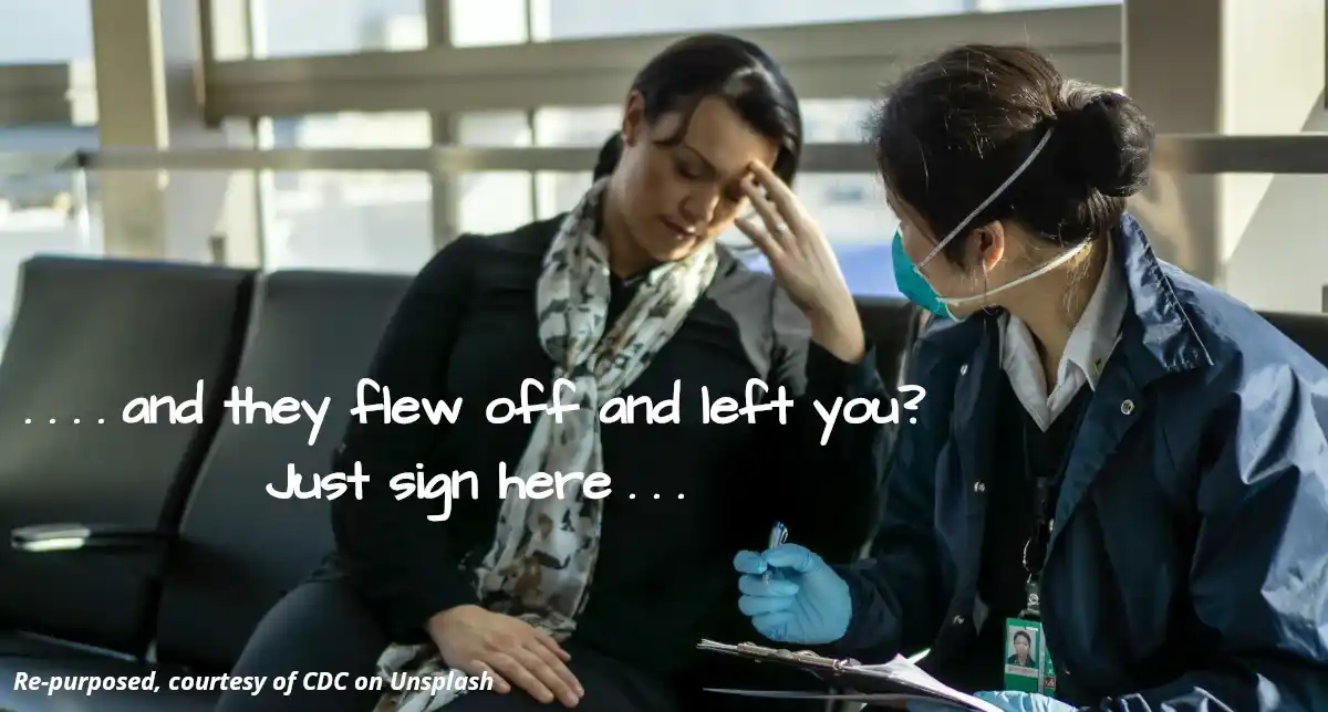 Two women at an airport dicussing a claim